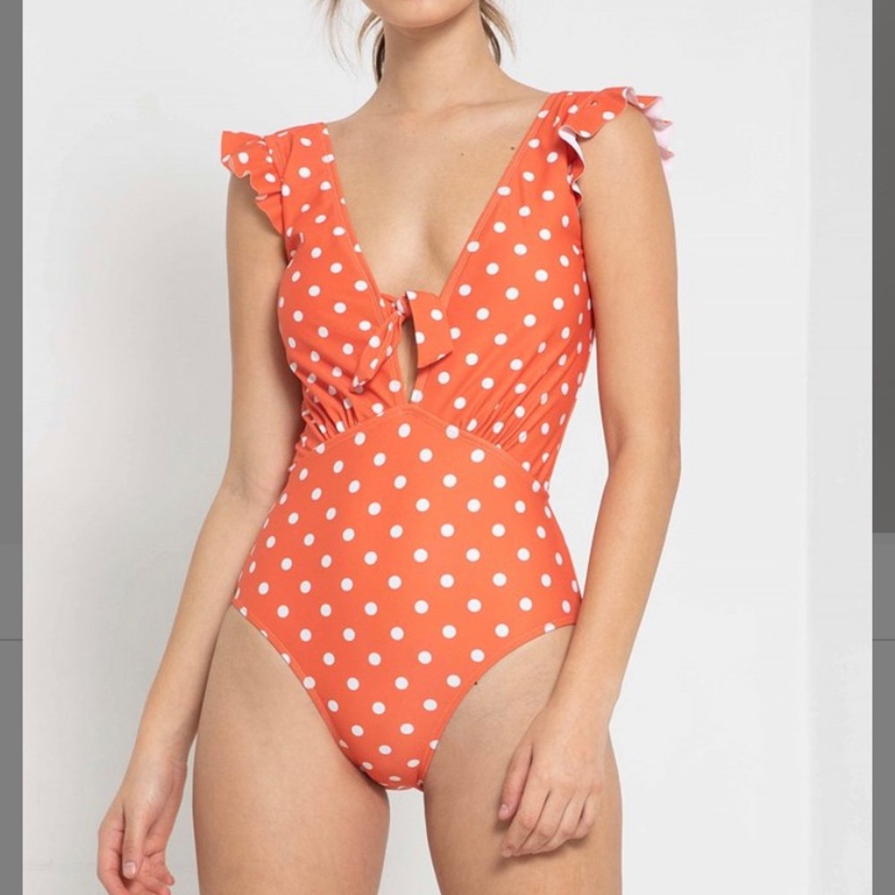 Marina West Orange Polka Dot V-Neck One Piece Swimsuit - L NWT